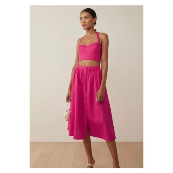 NWT REFORMATION Hot Pink Orzo Linen Two Piece Sleeveless Midi Dress US 2 Barbie - Picture 2 of 10